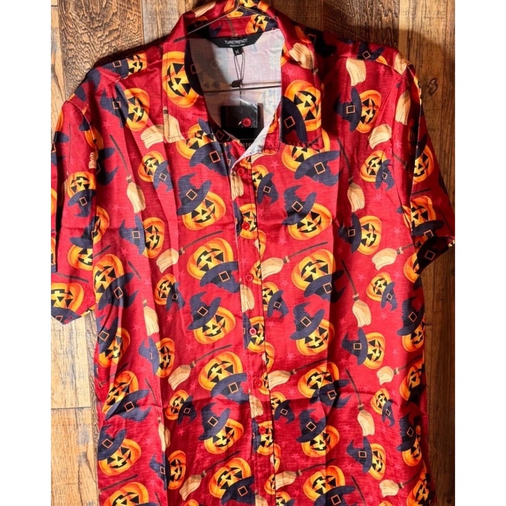 TureTrendy Men's Halloween Pumpkin Button Up Shirt Red Size M NWT